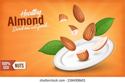 Brown almond nuts with broken pieces and green leaves on light orange background