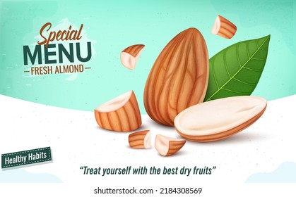 Brown Almond with nuts pieces and green leaf vector illustration