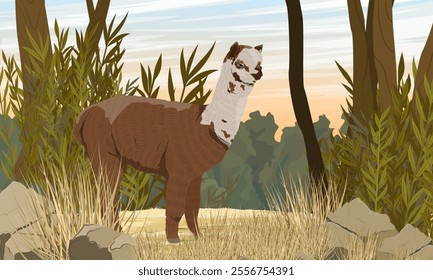 Brown alpaca standing on a sandy road in a grove. Vector realistic landscape