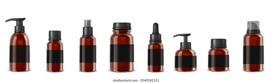 Brown amber glass bottle for cosmetic oil or medicine isolated vector mockup. Dropper container, shampoo pump and apothecary essence jar with lid design pack. 3d realistic blank dark lotion flacon