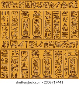 Brown ancient egyptian hieroglyphs alphabet pattern over golden background. Ancient egyptian and ancient culture concept