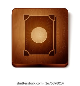 Brown Ancient magic book with alchemy recipes and mystic spells and enchantments icon isolated on white background. Wooden square button. Vector Illustration