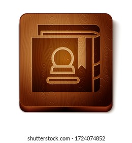 Brown Ancient magic book with alchemy recipes and mystic spells and enchantments icon isolated on white background. Wooden square button. Vector Illustration