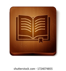 Brown Ancient magic book with alchemy recipes and mystic spells and enchantments icon isolated on white background. Wooden square button. Vector Illustration