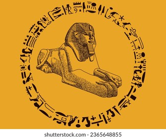 Brown Ancient sphinx statue with hieroglyphics and yellow background