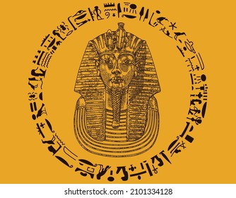 Brown Ancient Tutankamon Pharao mask with hieroglyphics and yellow background. 