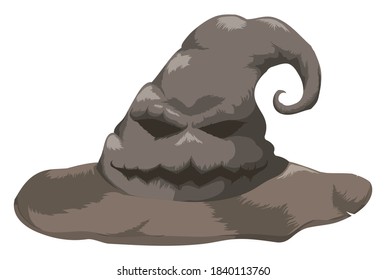 Brown ancient wizard hat, a magic character with face and spooky smile, isolated over white background.