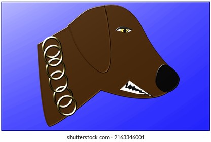 Brown angry dog, sharp teeth, brown eyes and metallic ring necklace, blue canvas background.