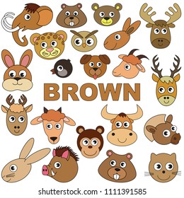 Brown Animal Heads Objects Color elements set, collection of coloring book template, the group of outline digital elements vector illustration, kid educational game page.