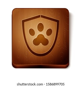 Brown Animal health insurance icon isolated on white background. Pet protection icon. Dog or cat paw print. Wooden square button. Vector Illustration