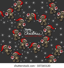 brown animal toy teddy bears with Santa Claus hat and a gift seasonal decorative wreath Christmas winter holidays seamless pattern with wishes in English on a dark background
