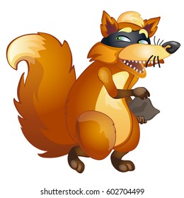 Brown animated fox thief isolated on white background. Vector cartoon close-up illustration.