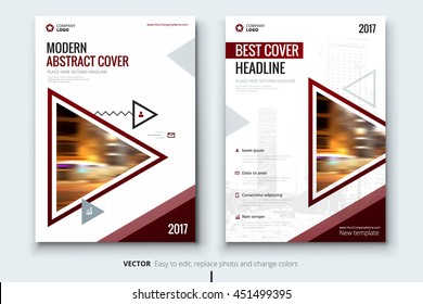 Brown annual report design. Corporate business template for brochure, catalog, magazine. Layout with triangle photo and abstract triangle shapes. Creative leaflet, poster, flyer or banner concept
