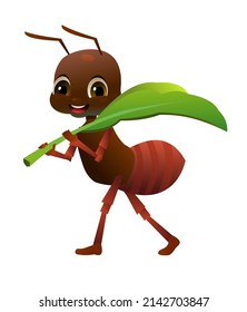 Brown ant carries leaf. Wildlife object. Little funny insect. Cute cartoon style. Isolated on white background. Vector.
