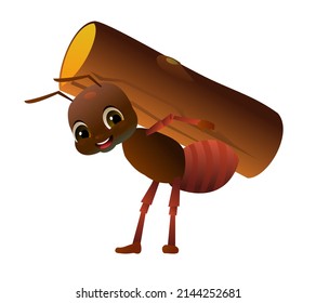 Brown ant carries log. Wildlife object. Little funny insect. Cute cartoon style. Isolated on white background. Vector.