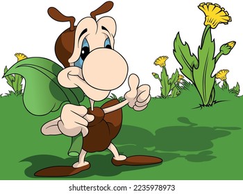 Brown Ant Carrying Green Leaf   Showing Thumb Up    Colored Cartoon Illustration and Background  Vector