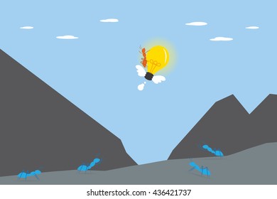 brown ant flying with light bulb to sky and blue ants left behind