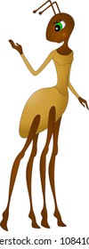a brown ant with green eyes in a beige dress