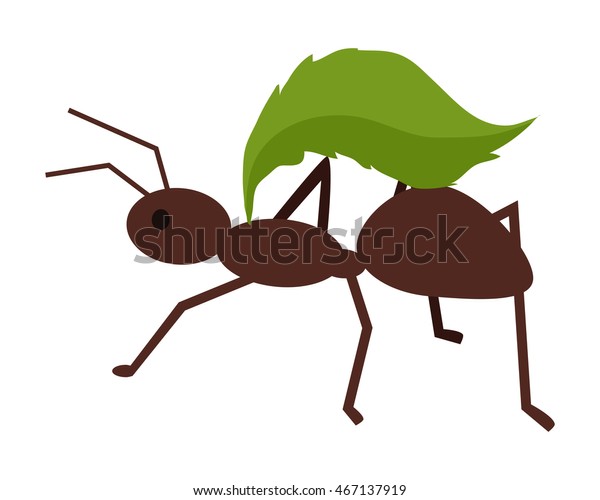 Brown ant with green\
leaf. Ant carrying leaf. Ant icon. Ant holding leaf. Insect icon.\
Termite icon. Isolated object in flat design on white background.\
Vector illustration.