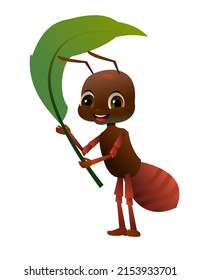 Brown ant with leaf. Wildlife object. Little funny insect. Cute cartoon style. Isolated on white background. Vector.