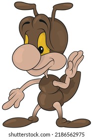 A Brown Ant Stands on the Ground and Points his Finger at Something - Colored Cartoon Illustration Isolated on White Background, Vector