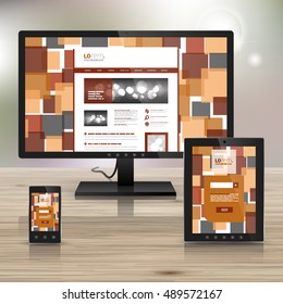 Brown application template design for corporate identity with square elements. Stationery set