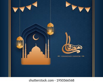 Brown Arabic Calligraphy Of Ramadan Kareem With Paper Mosque, Hanging Lit Lanterns On Blue Islamic Pattern Background.