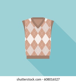 brown argyle male's knitted vest icon, flat design with long shadow