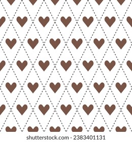 Brown argyle pattern with heart inside. Argyle vector pattern. Argyle pattern. Seamless geometric pattern for clothing, wrapping paper, backdrop, background, gift card, sweater.