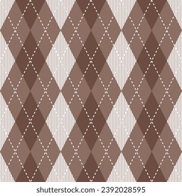 Brown argyle pattern with stripe inside. Argyle vector pattern. Argyle pattern. Seamless geometric pattern for clothing, wrapping paper, backdrop, background, gift card, sweater.
