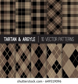 Brown Argyle, Tartan and Gingham Plaid Vector Patterns. Men's Fall Fashion. Traditional Formal Golf or Hunting Sports Fabric Textures. Father's Day Background. Vector Pattern Tile Swatches Included.