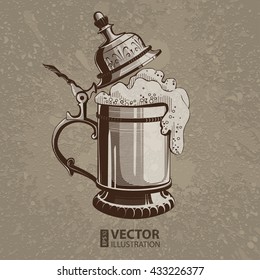 Brown artistic hand drawn beer metal mug with cap on beige dirty grunge splats background. RGB EPS 10 vector illustration