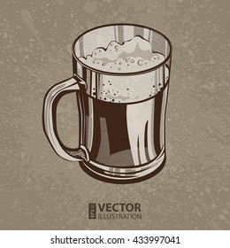 Brown artistic hand drawn beer glass mug on beige dirty grunge splats background. RGB EPS 10 vector illustration