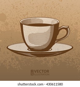 Brown artistic hand drawn coffee cup on mocha dirty grunge splats background. RGB EPS 10 vector illustration