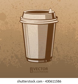 Brown artistic hand drawn coffee cup on mocha dirty grunge splats background. RGB EPS 10 vector illustration