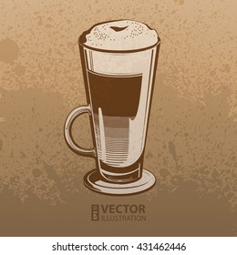 Brown artistic hand drawn coffee latte high glass on mocha dirty grunge splats background. RGB EPS 10 vector illustration