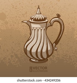 Brown artistic hand drawn coffee jug on mocha dirty grunge splats background. RGB EPS 10 vector illustration