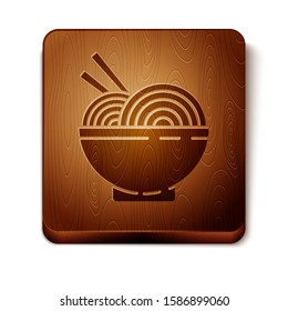 Brown Asian noodles in bowl and chopsticks icon isolated on white background. Street fast food. Korean, Japanese, Chinese food. Wooden square button. Vector Illustration