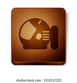 Brown Astronaut helmet icon isolated on white background. Wooden square button. Vector Illustration