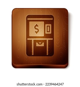 Brown ATM - Automated teller machine and money icon isolated on white background. Wooden square button. Vector