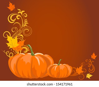 Brown autumn frame with pumpkins and leaves and room for text.