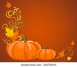 Brown autumn frame with pumpkins and leaves and room for text.