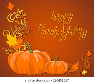 Brown autumn frame with pumpkins and leaves and Thanksgiving greetings.