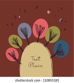 Brown autumn image with place for text. Poster with trees on the hill. Banner with decorative landscape