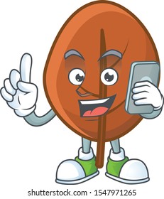 brown autumn leaf isolated with holding phone mascot