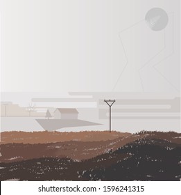 brown autumn picture with pillar, house, fog, dankness, dampness, dullness, hopelessness, gloom, vector illustration