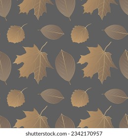 Brown autumn seamless pattern with golden leaves. Pattern for textiles, wrapping paper, wallpapers, covers, designs of various items.