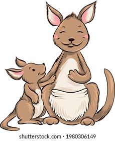 Brown baby with mother kangaroo smile. Australian animals. Vector illustration.