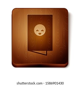 Brown Baby shower invitations cards, poster, greeting, template, stork icon isolated on white background. Happy Birthday Party card. Wooden square button. Vector Illustration