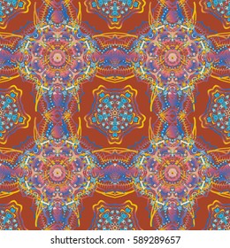 Brown backdrop with multi colors. Seamless pattern oriental ornament in baroque style. Traditional classic vector multicolored pattern.